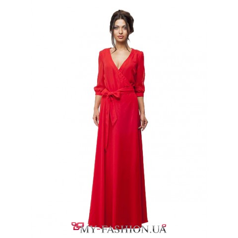 Шикарное длинное красное платье на запах